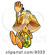 Hard Hat Mascot Cartoon Character Plugging His Nose While Jumping Into Water