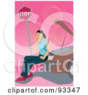 Poster, Art Print Of Woman Calling For Road Side Assistance And Sitting On Her Broken Down Car