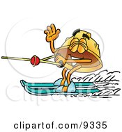 Hard Hat Mascot Cartoon Character Waving While Water Skiing
