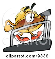 Hard Hat Mascot Cartoon Character Walking On A Treadmill In A Fitness Gym