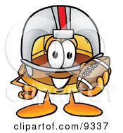 Hard Hat Mascot Cartoon Character In A Helmet Holding A Football