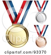 Poster, Art Print Of Digital Collage Of Gold Bronze And Silver Medal Award On A Red White And Blue Ribbon