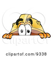 Hard Hat Mascot Cartoon Character Peeking Over A Surface