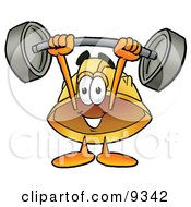 Hard Hat Mascot Cartoon Character Holding A Heavy Barbell Above His Head