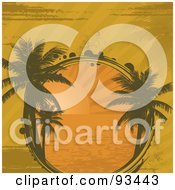 Royalty Free RF Clipart Illustration Of A Grungy Tropical Sunset Circle With Palm Trees by elaineitalia