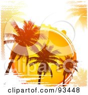 Grungy Tropical Sun Circle With Silhouetted Palm Trees And Halftone On White