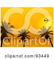 Royalty Free RF Clipart Illustration Of A Silhouetted Airplane Flying Over Palm Trees Against An Orange Tropical Sunset by elaineitalia