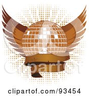 Poster, Art Print Of Brown Grungy Disco Ball With Wings And A Blank Banner Over Halftone On White