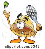 Hard Hat Mascot Cartoon Character Preparing To Hit A Tennis Ball