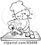 Outlined Chef Toon Guy Slicing Onions And Crying