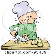 Royalty Free RF Clipart Illustration Of A Chef Toon Guy Crying While Slicing Yellow Onions by gnurf #COLLC93469-0050