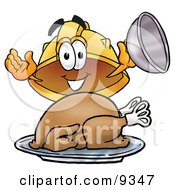 Poster, Art Print Of Hard Hat Mascot Cartoon Character Serving A Thanksgiving Turkey On A Platter