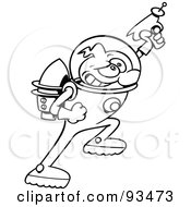 Outlined Space Super Hero Astronaut Toon Guy Holding Up A Ray Gun