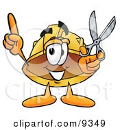 Hard Hat Mascot Cartoon Character Holding A Pair Of Scissors