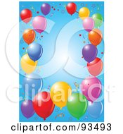Poster, Art Print Of Border Of Colorful Party Balloons And Confetti Ribbons Over Blue