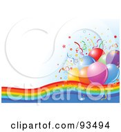 Poster, Art Print Of Confetti And Party Balloons On A Rainbow Over A White And Blue Background