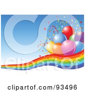 Poster, Art Print Of Confetti And Party Balloons On A Rainbow Over A Blue Background