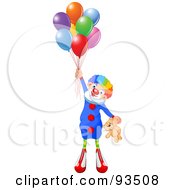 Royalty Free RF Clipart Illustration Of A Cute Party Clown Holding A Teddy Bear And Bunch Of Balloons by Pushkin