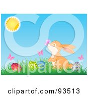 Poster, Art Print Of Bunny With Butterflies And Easter Eggs In Grass Under The Sun