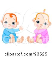 Poster, Art Print Of Digital Collage Of A Baby Boy Waving And Baby Girl Sucking Her Thumb