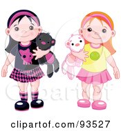 Royalty Free RF Clipart Illustration Of A Digital Collage Of Two Cute Little Girls Holding Stuffed Animals