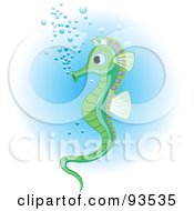 Royalty Free RF Clipart Illustration Of A Cute Green Seahorse With Bubbles by Pushkin