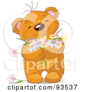 Royalty Free RF Clipart Illustration Of A Happy Teddy Bear Holding Spring Flowers