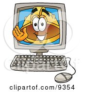 Poster, Art Print Of Hard Hat Mascot Cartoon Character Waving From Inside A Computer Screen