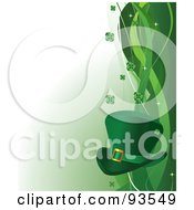 Royalty Free RF Clipart Illustration Of A St Patricks Day Background With A Green Leprechaun Hat Clovers And Swooshes Over White by Pushkin