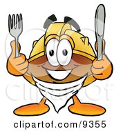 Hard Hat Mascot Cartoon Character Holding A Knife And Fork