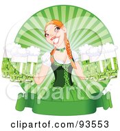 Beautiful Beer Maiden Holding Green Beers Over A Blank St Paddys Day Banner