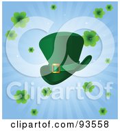 Poster, Art Print Of Green St Patricks Day Leprechaun Hat With Clovers On A Blue Burst Background