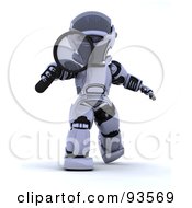 Poster, Art Print Of 3d Silver Robot Walking Forward With A Magnifying Glass