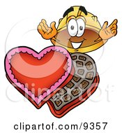 Hard Hat Mascot Cartoon Character With An Open Box Of Valentines Day Chocolate Candies