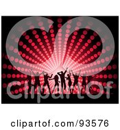 Royalty Free RF Clipart Illustration Of A Silhouetted Dancing Group Against A Red Halftone Circle Background