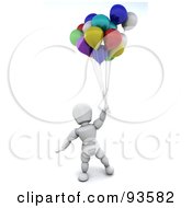 Poster, Art Print Of 3d White Character Holding Onto A Large Bunch Of Colorful Party Balloons