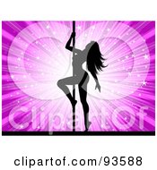 Poster, Art Print Of Black Silhouetted Pole Dancer Against A Starry Bright Purple Burst