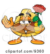 Hard Hat Mascot Cartoon Character Holding A Red Rose On Valentines Day