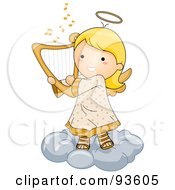 Cute Angel Girl Playing A Harp On A Cloud