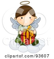 Poster, Art Print Of Cute Angel Sitting On A Cloud With A Gift