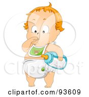 Poster, Art Print Of Baby Boy In A Bib And Diaper Sucking His Thumb And Carrying A Bottle