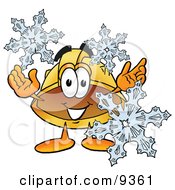 Poster, Art Print Of Hard Hat Mascot Cartoon Character With Three Snowflakes In Winter