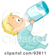 Poster, Art Print Of Baby Boy In A Onesie Leaning Back And Drinking From A Bottle