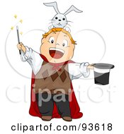 Little Boy Magician With A Rabbit On His Head