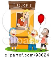 Ticket Booth Woman Assisting Three Kids