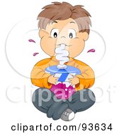Little Boy Sitting And Drinking A Large Soda Or Juice