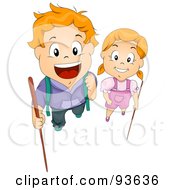 Poster, Art Print Of Boy And Girl Looking Up And Holding Hiking Sticks