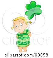 Poster, Art Print Of Cute Little Girl Wearing A Green Dress And Standing With A Clover Balloon