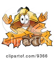 Hard Hat Mascot Cartoon Character With Autumn Leaves And Acorns In The Fall