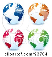 Digital Collage Of White Globes With Blue Orange Red And Green Continents Centered On The Atlantic